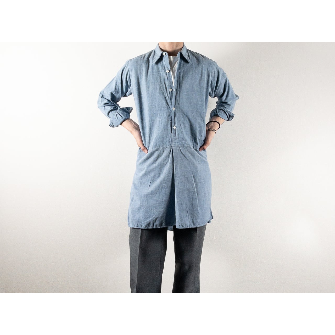 1930s-40s "French Vintage" Cotton Blue Chambray Grandpa Work Shirt