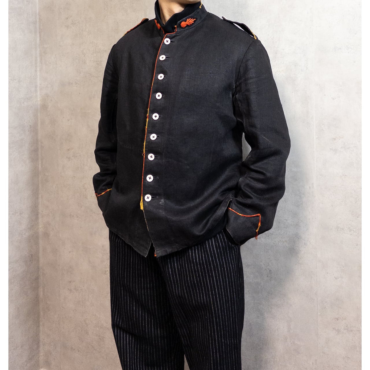1900s Special "French Antique" Black Herringbone Linen Fireman Jacket, Big Size
