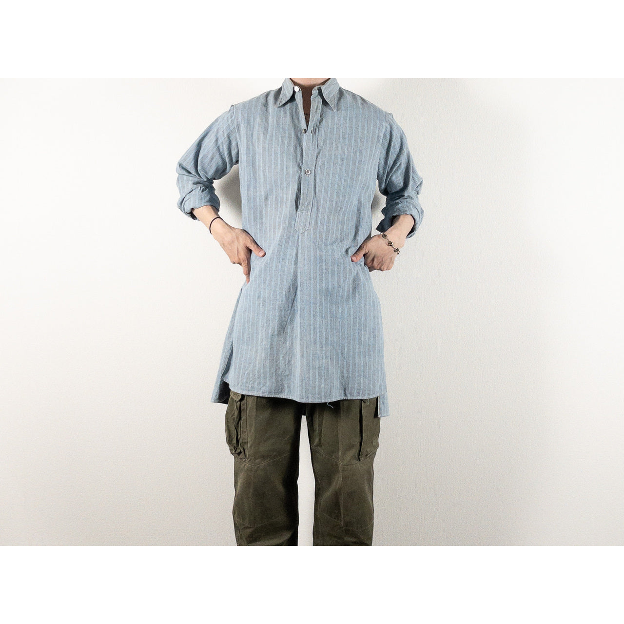 1940-50s "French Vintage" Blue × Gray Stripe Grandpa Work Shirt