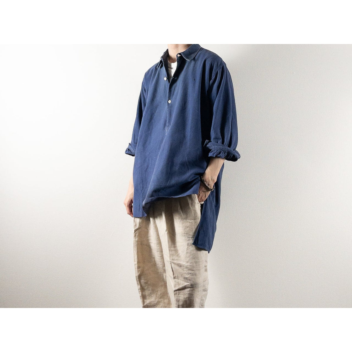 1940s "French Vintage" Faded Blue Cotton Twill Grandpa Work Shirt