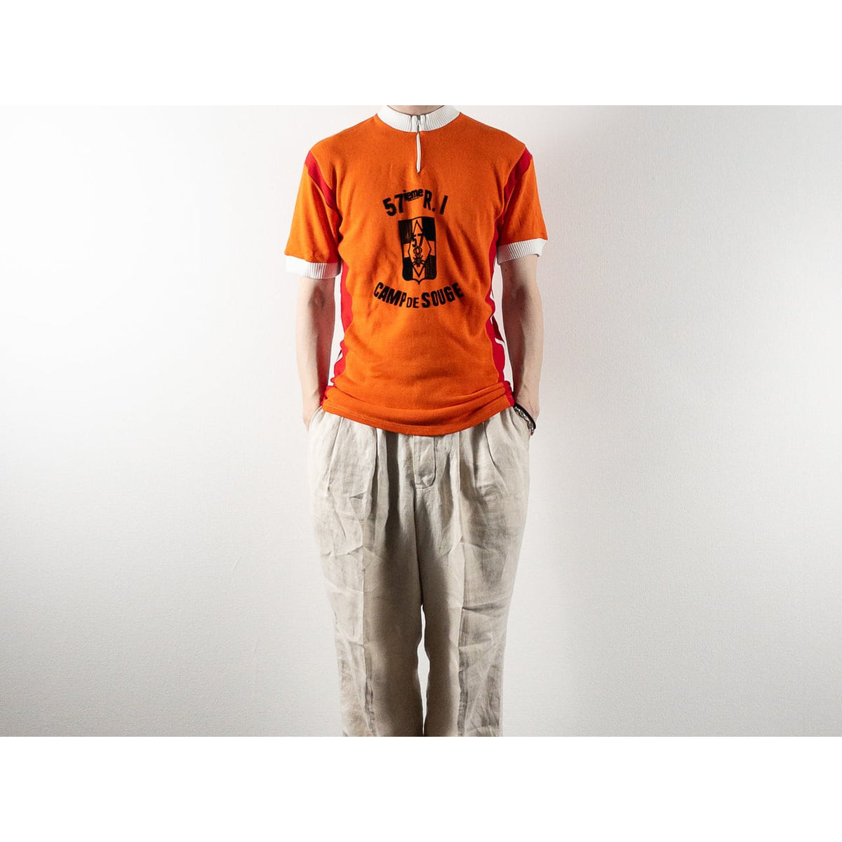 1960-70s "57eme R.I.Camp de Souge" Orenge Cotton Knit Half Zip-Up Sport Tee Shirt