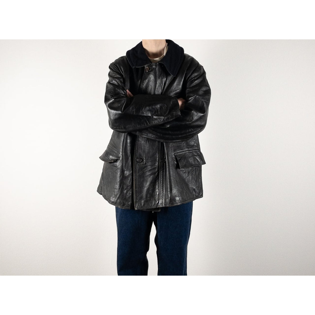 1940s "Le Corbusier" French Black Leather Double Breasted Jacket with Wool Collar