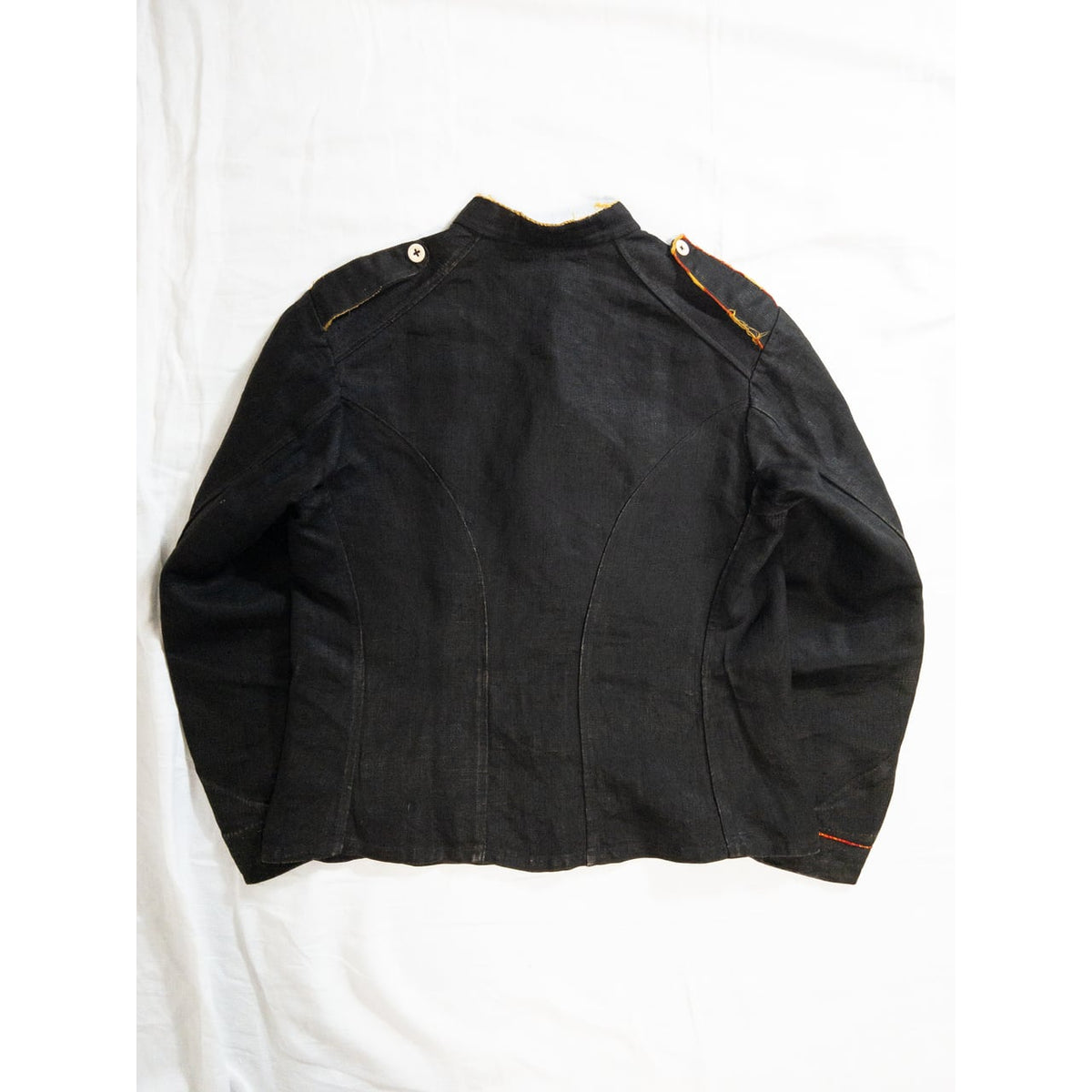 1900s Special "French Antique" Black Herringbone Linen Fireman Jacket, Big Size