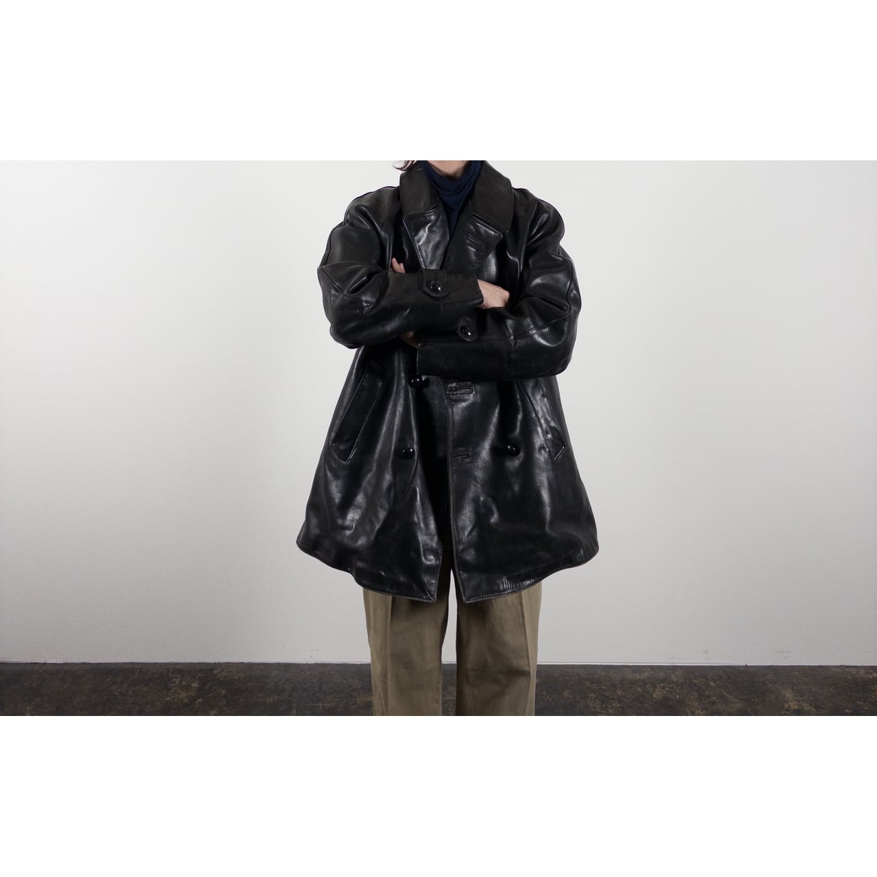 1950-60s "LORO PICENO" Black Leather Double-Breasted Jacket