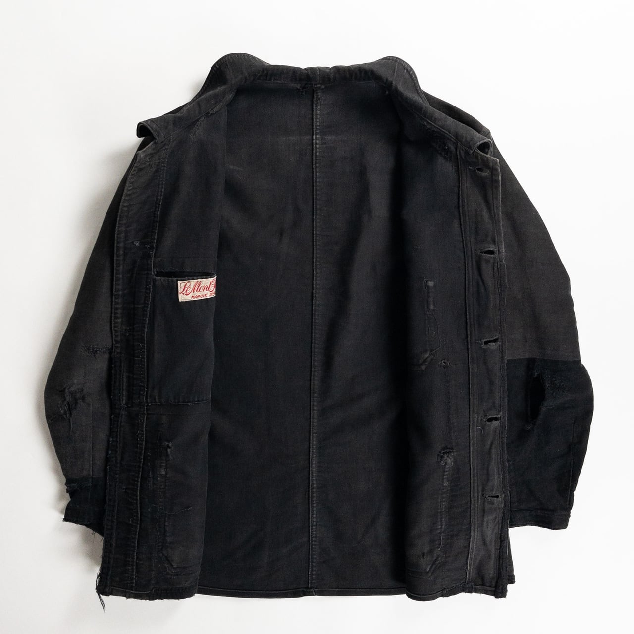 1930s "Le Mont Rouge" Faded Patchwork Black Moleskin Work Jacket with V Pockets