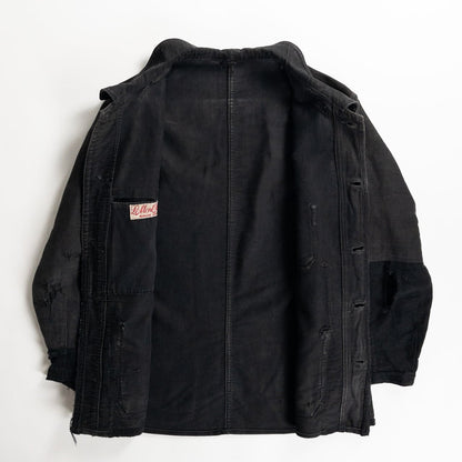 1930s "Le Mont Rouge" Faded Patchwork Black Moleskin Work Jacket with V Pockets