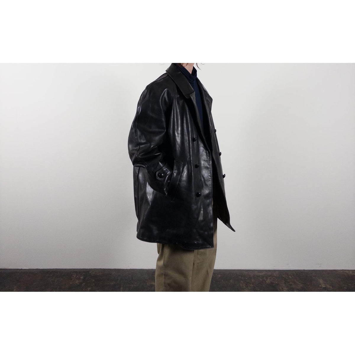 1950-60s "LORO PICENO" Black Leather Double-Breasted Jacket