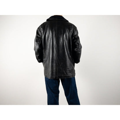 1940s "Le Corbusier" French Black Leather Double Breasted Jacket with Wool Collar