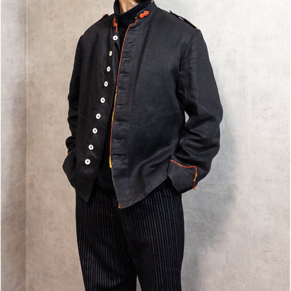 1900s Special "French Antique" Black Herringbone Linen Fireman Jacket, Big Size