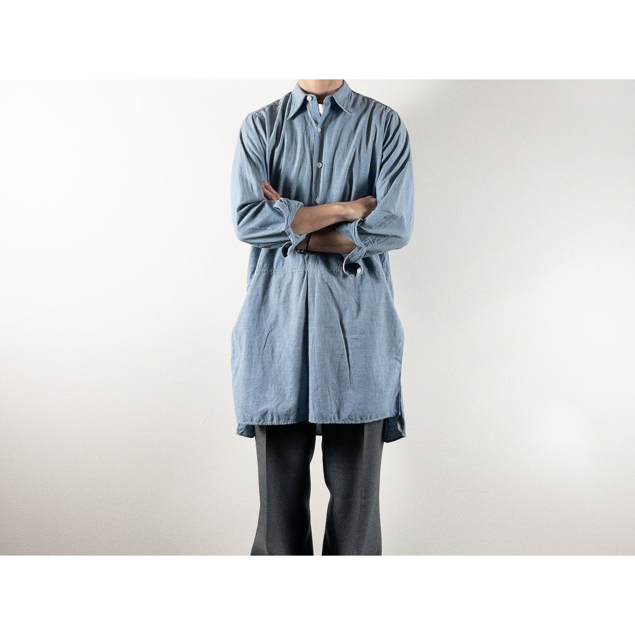 1930s-40s "French Vintage" Cotton Blue Chambray Grandpa Work Shirt