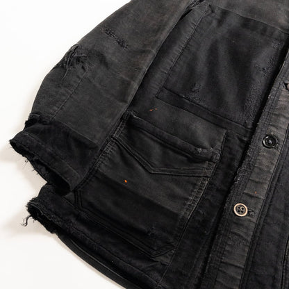 1930s "Le Mont Rouge" Faded Patchwork Black Moleskin Work Jacket with V Pockets
