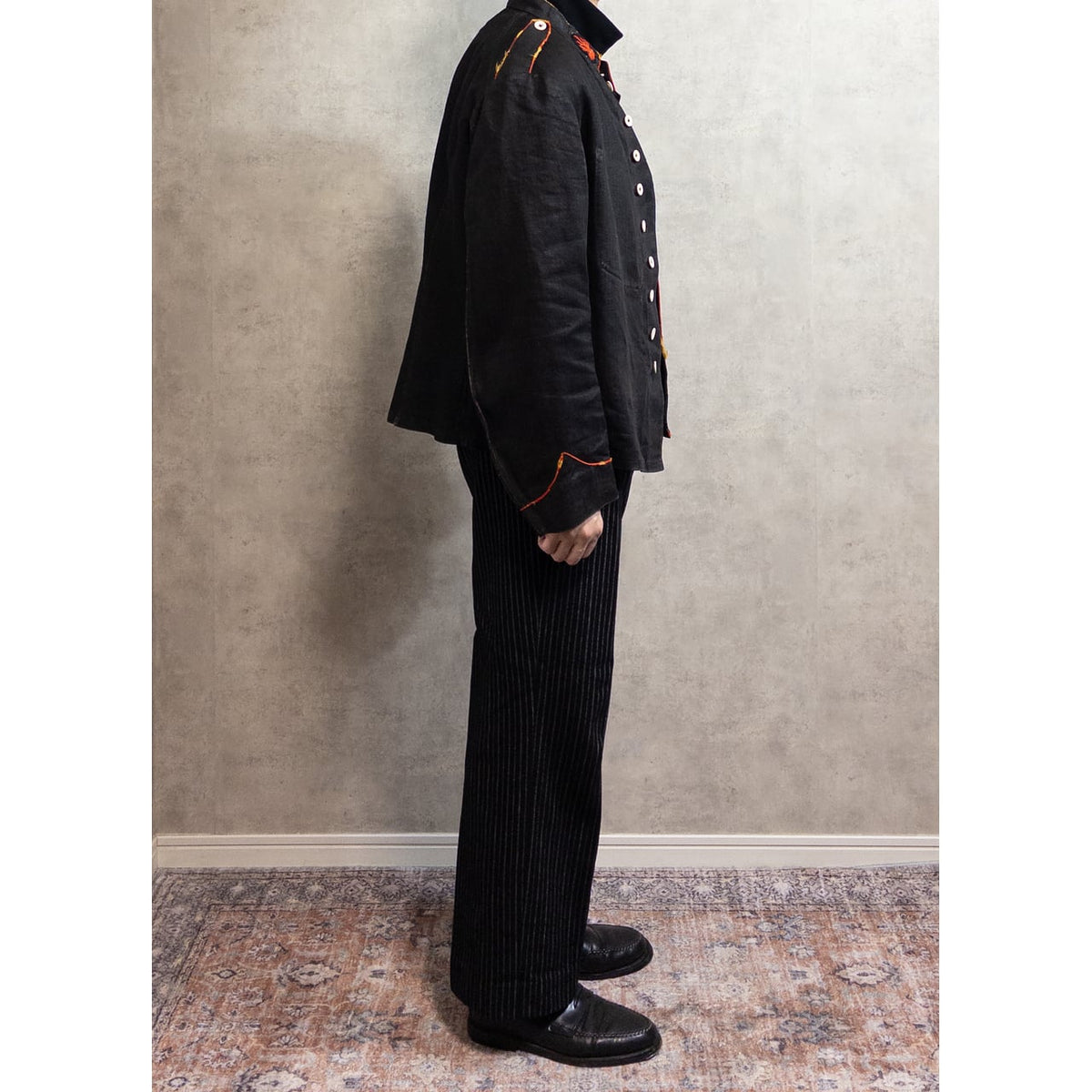 1900s Special "French Antique" Black Herringbone Linen Fireman Jacket, Big Size