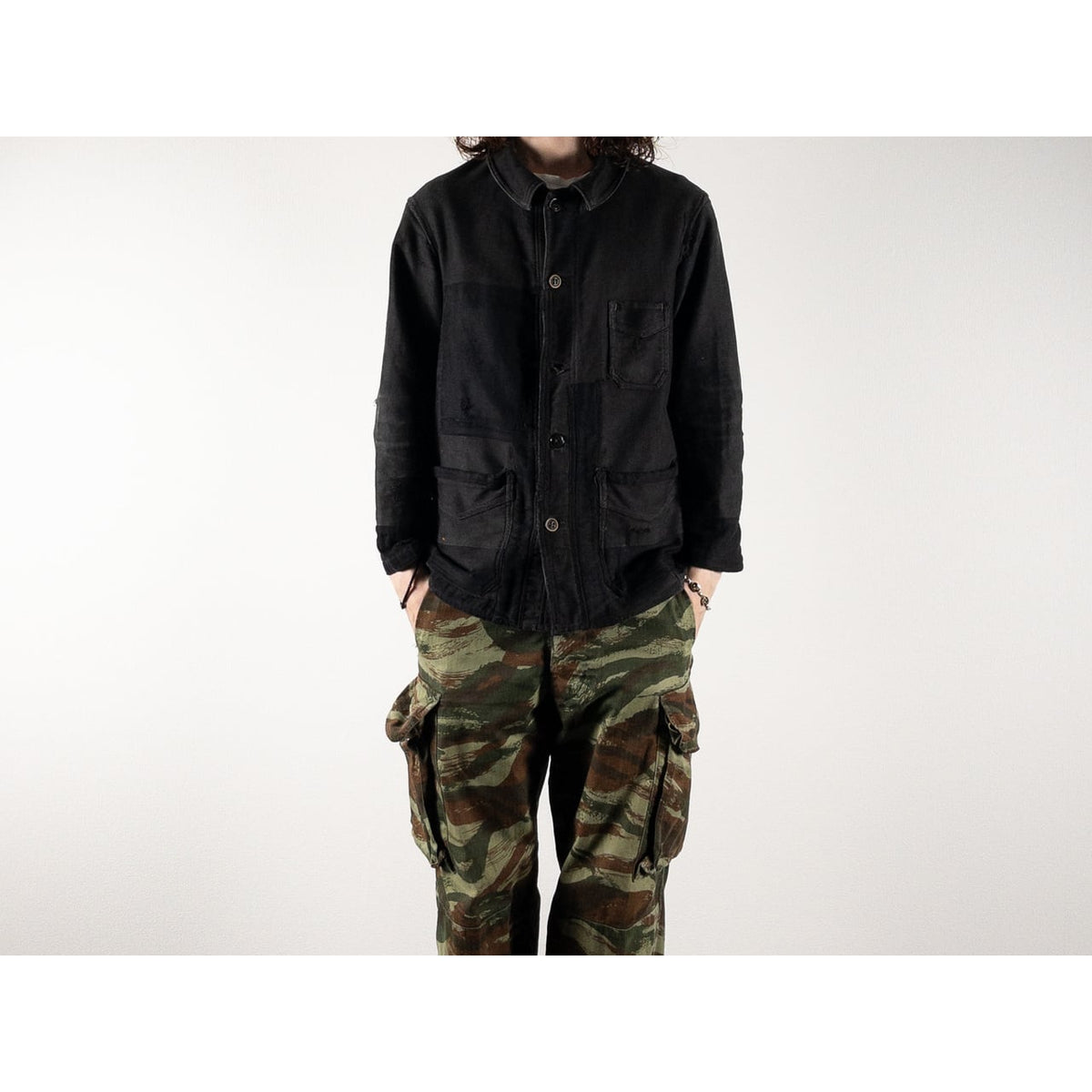 1930s "Le Mont Rouge" Faded Patchwork Black Moleskin Work Jacket with V Pockets