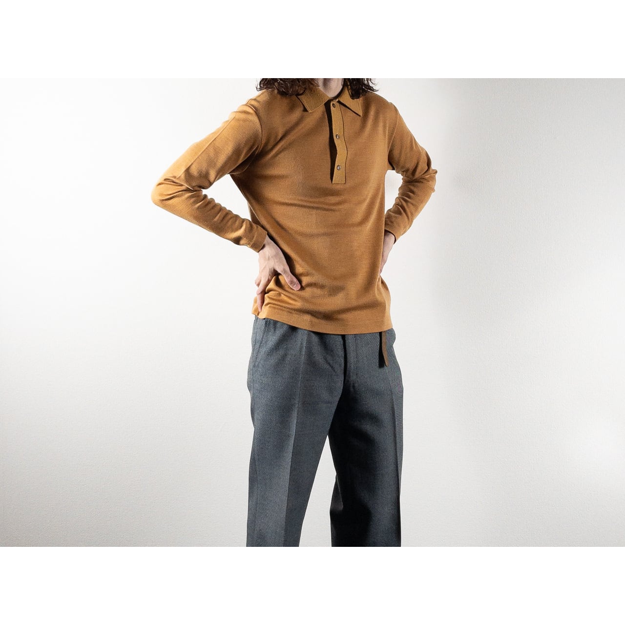 Old Yellow Brown Acrylic Knit Polo L/S Shirt