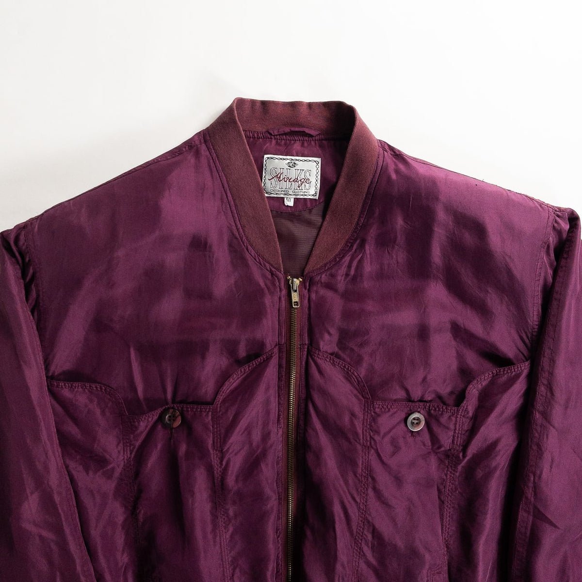 1980s "SILKS" Burgundy & Pink Silk Bomber Jacket