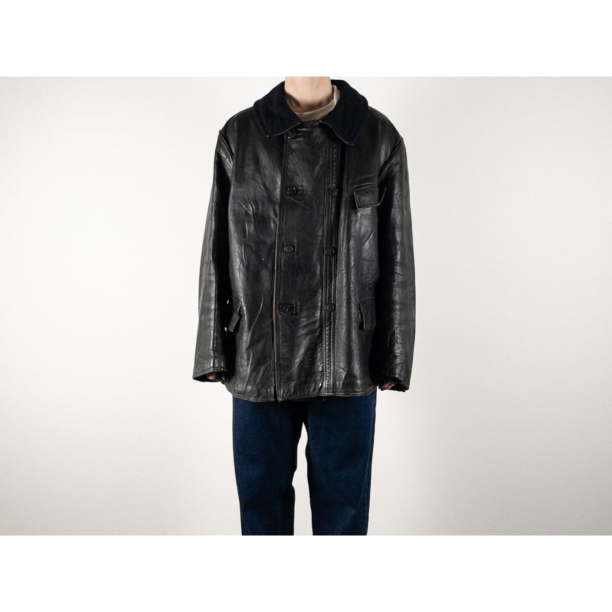 1940s "Le Corbusier" French Black Leather Double Breasted Jacket with Wool Collar