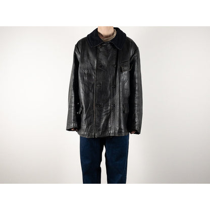 1940s "Le Corbusier" French Black Leather Double Breasted Jacket with Wool Collar