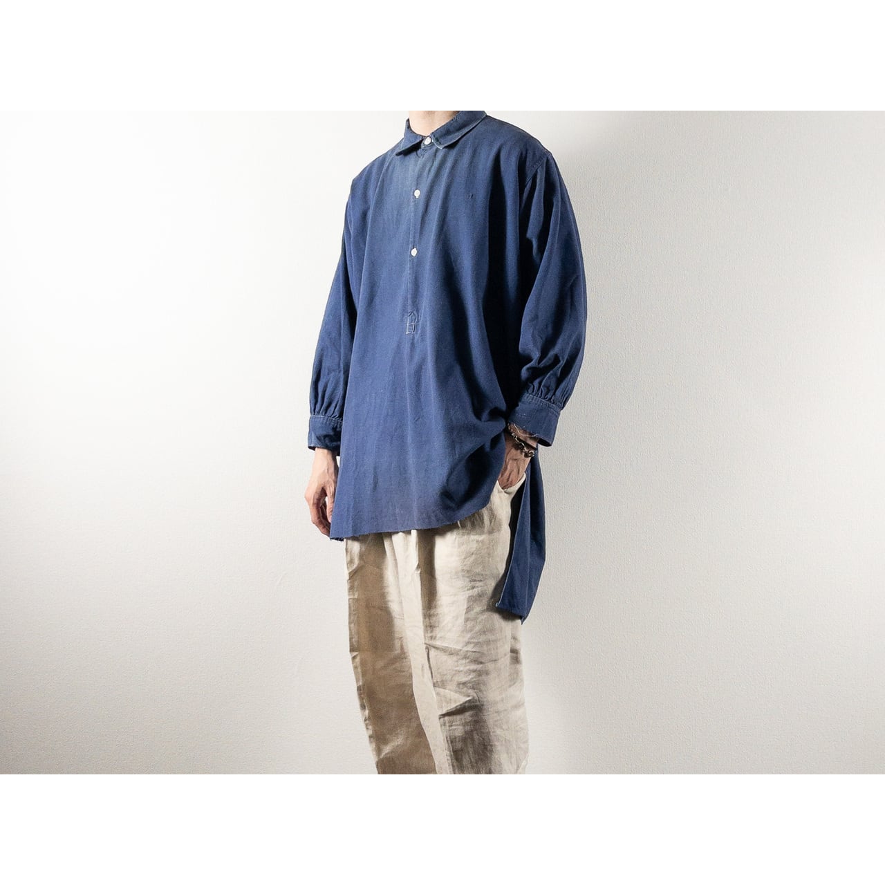 1940s "French Vintage" Faded Blue Cotton Twill Grandpa Work Shirt