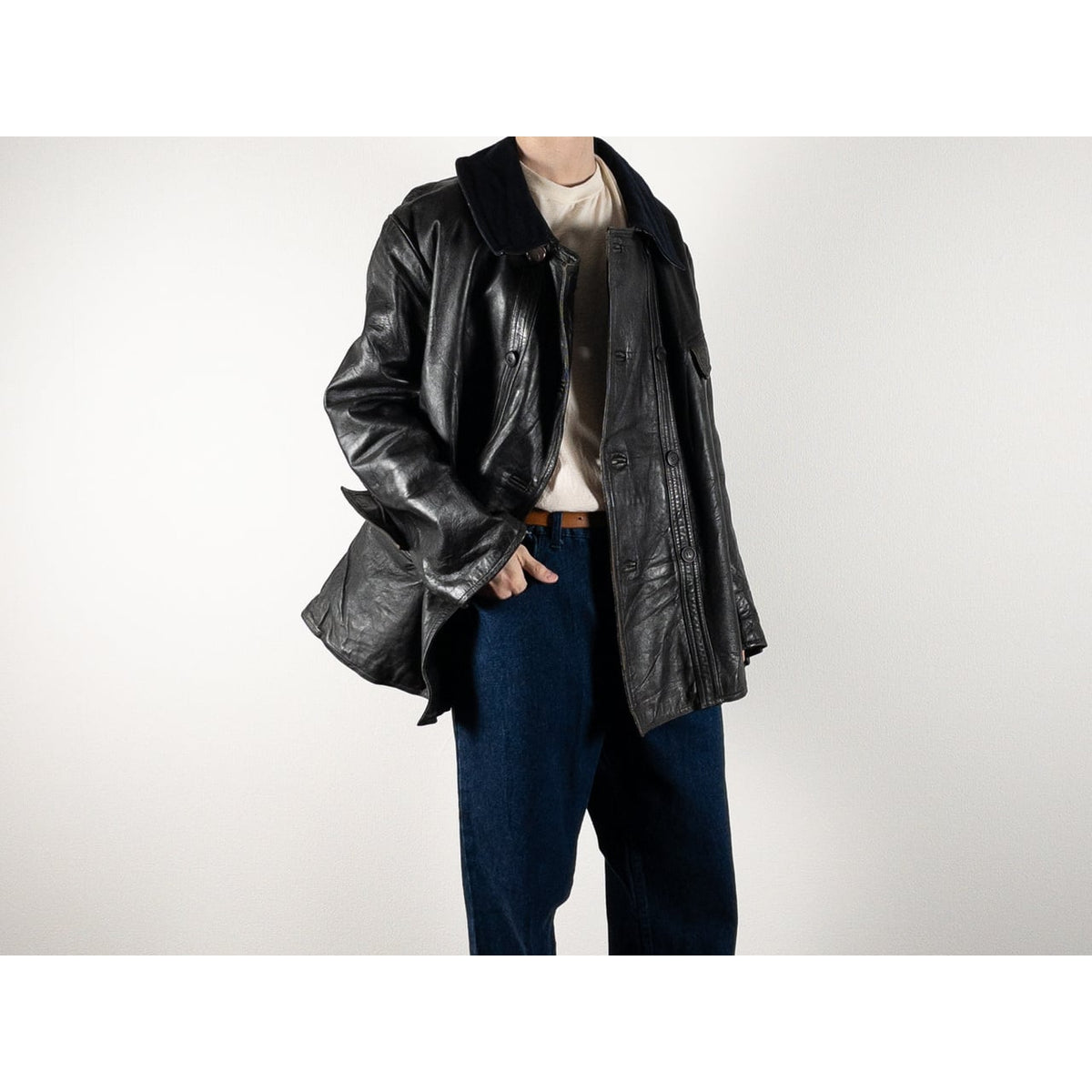 1940s "Le Corbusier" French Black Leather Double Breasted Jacket with Wool Collar