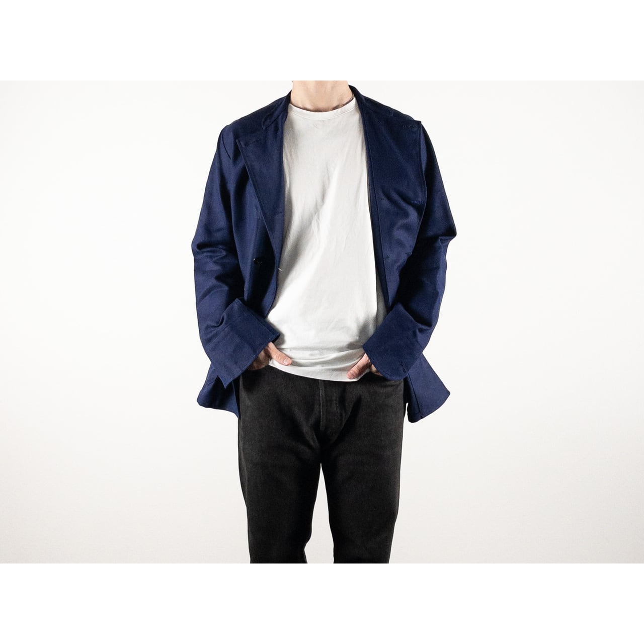 1960s "French Vintage" Blue Cotton Twill Mechanic Double Breasted Work Jacket, Dead Stock