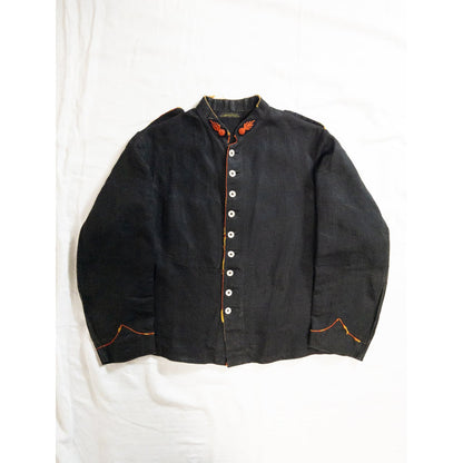 1900s Special "French Antique" Black Herringbone Linen Fireman Jacket, Big Size