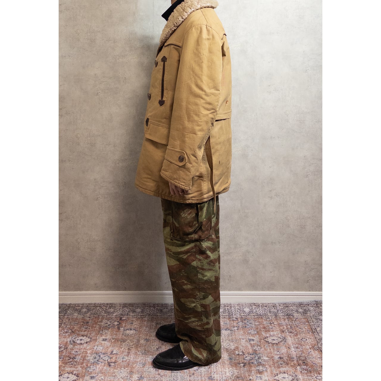 1940-50s "French Vintage" Canadienne Mackinaw Coat with "WW2 German Air Force Camo" Fabric