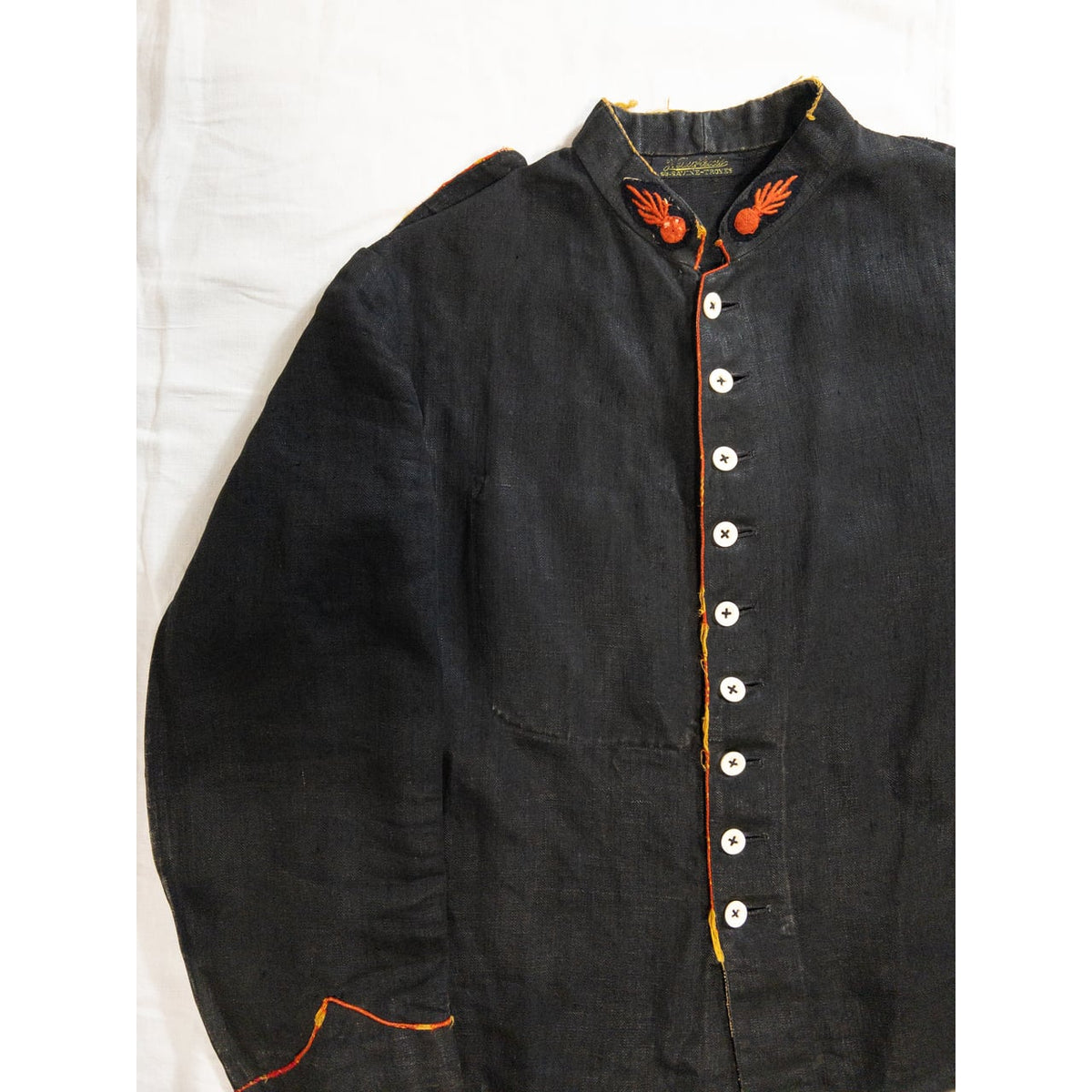 1900s Special "French Antique" Black Herringbone Linen Fireman Jacket, Big Size