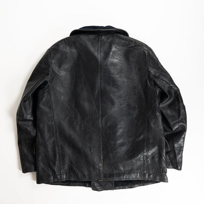 1940s "Le Corbusier" French Black Leather Double Breasted Jacket with Wool Collar