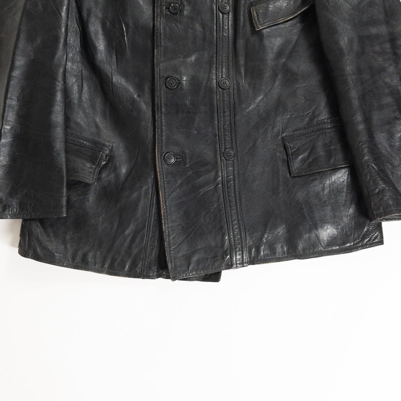 1940s "Le Corbusier" French Black Leather Double Breasted Jacket with Wool Collar