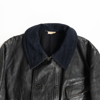 1940s "Le Corbusier" French Black Leather Double Breasted Jacket with Wool Collar