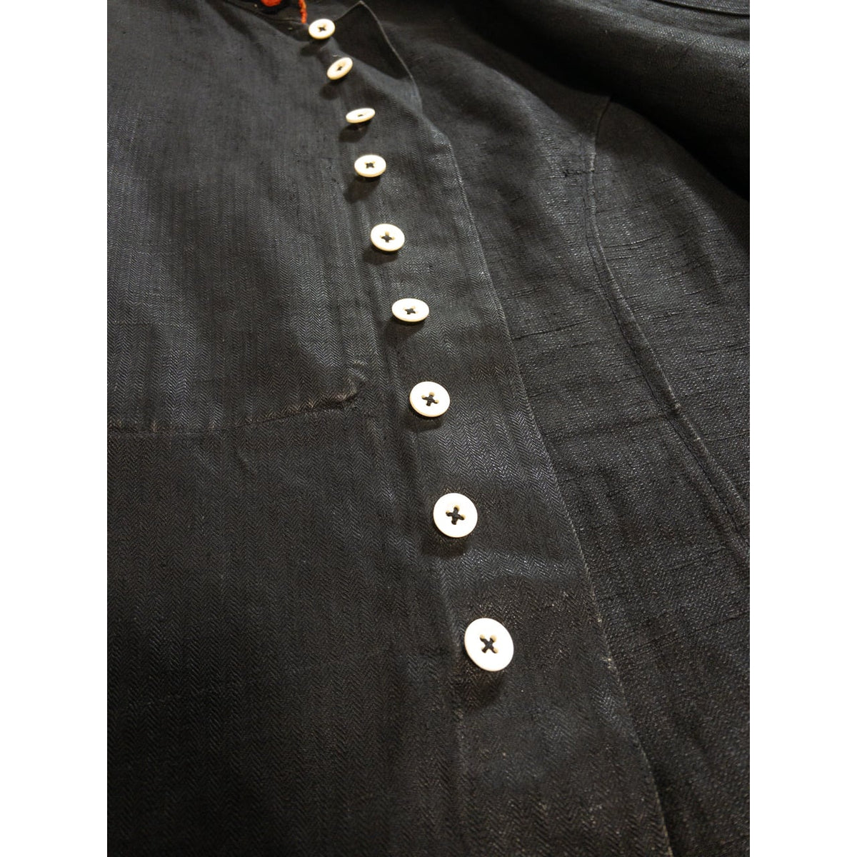 1900s Special "French Antique" Black Herringbone Linen Fireman Jacket, Big Size