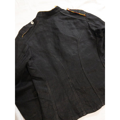 1900s Special "French Antique" Black Herringbone Linen Fireman Jacket, Big Size