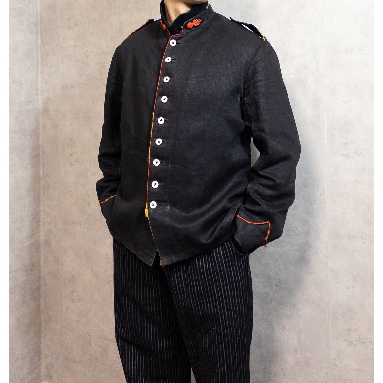 1900s Special "French Antique" Black Herringbone Linen Fireman Jacket, Big Size