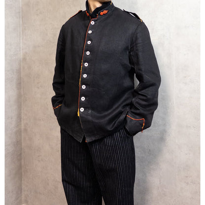 1900s Special "French Antique" Black Herringbone Linen Fireman Jacket, Big Size