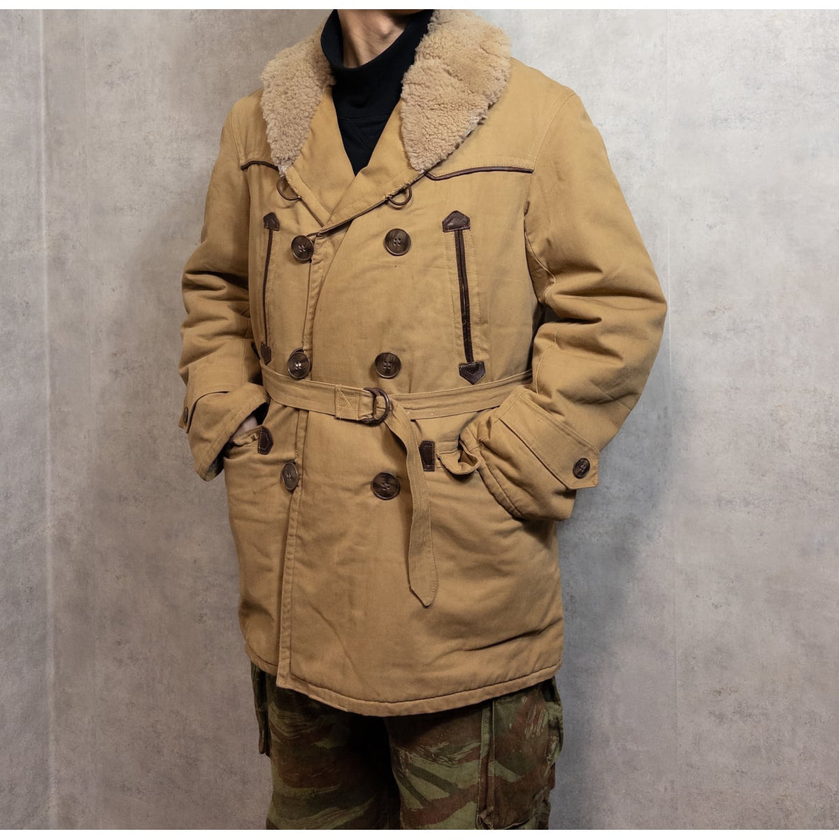 1940-50s "French Vintage" Canadienne Mackinaw Coat with "WW2 German Air Force Camo" Fabric