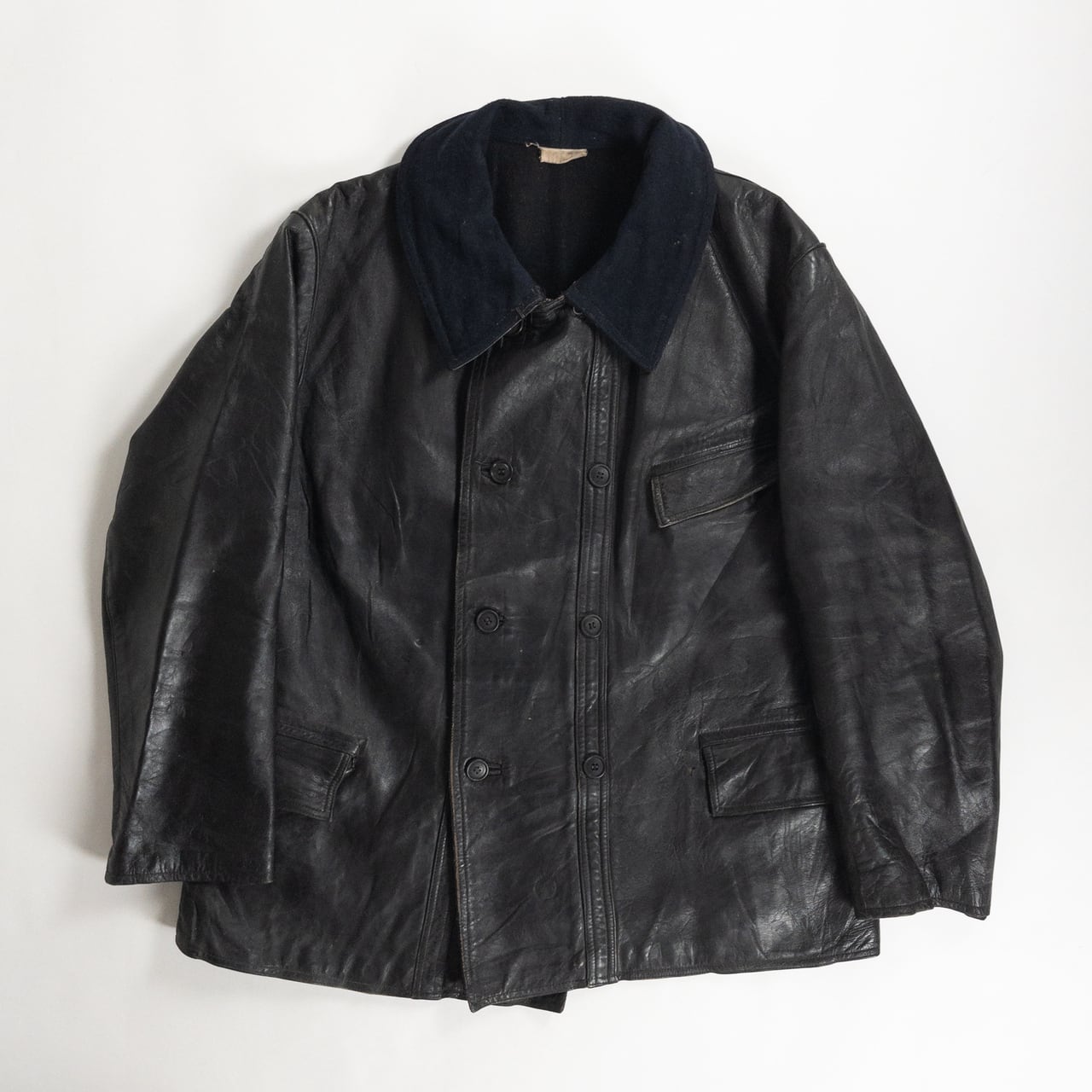 1940s "Le Corbusier" French Black Leather Double Breasted Jacket with Wool Collar