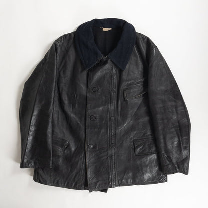 1940s "Le Corbusier" French Black Leather Double Breasted Jacket with Wool Collar