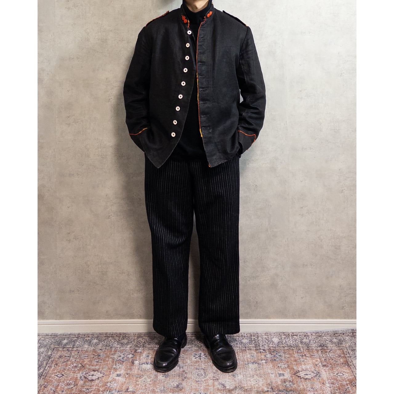 1900s Special "French Antique" Black Herringbone Linen Fireman Jacket, Big Size