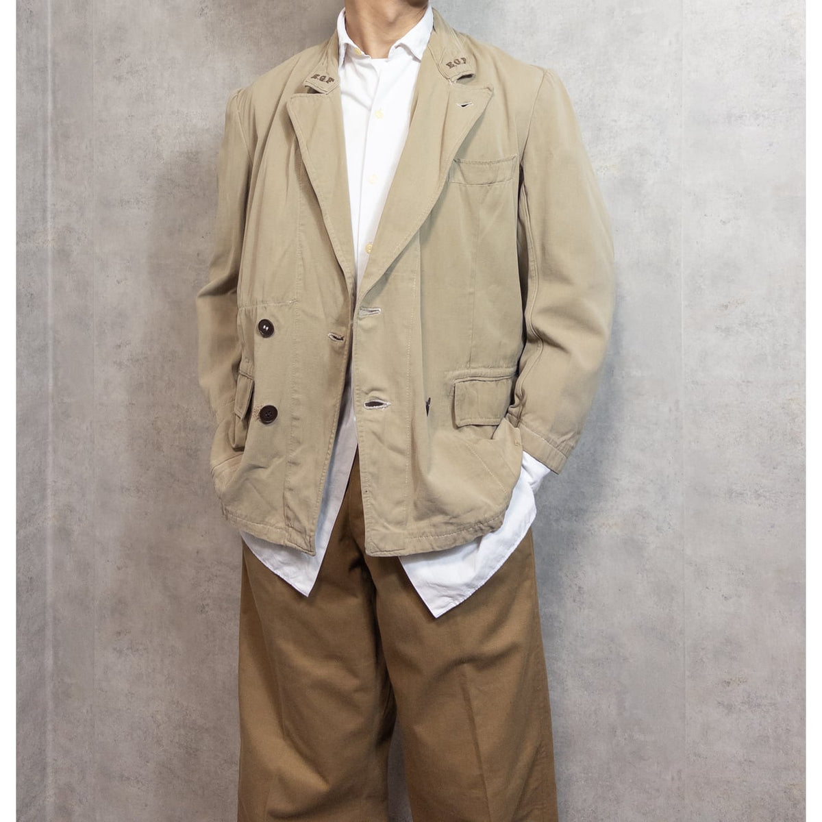 1940s-50s "French Vintage" "EGF" Beige Cotton Double Breasted Work Jacket