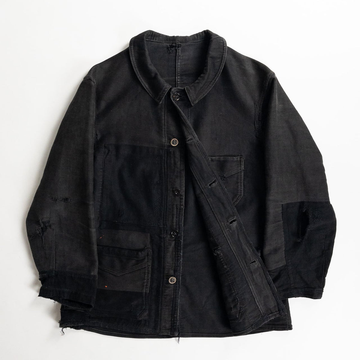 1930s "Le Mont Rouge" Faded Patchwork Black Moleskin Work Jacket with V Pockets