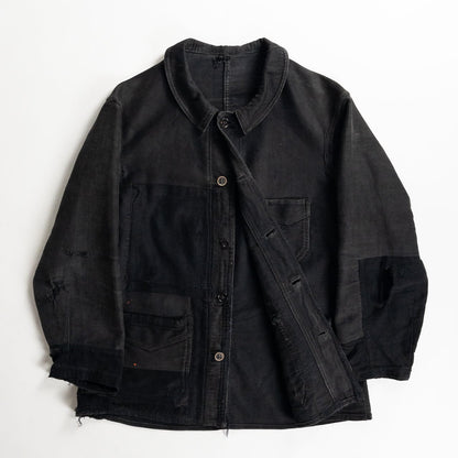 1930s "Le Mont Rouge" Faded Patchwork Black Moleskin Work Jacket with V Pockets