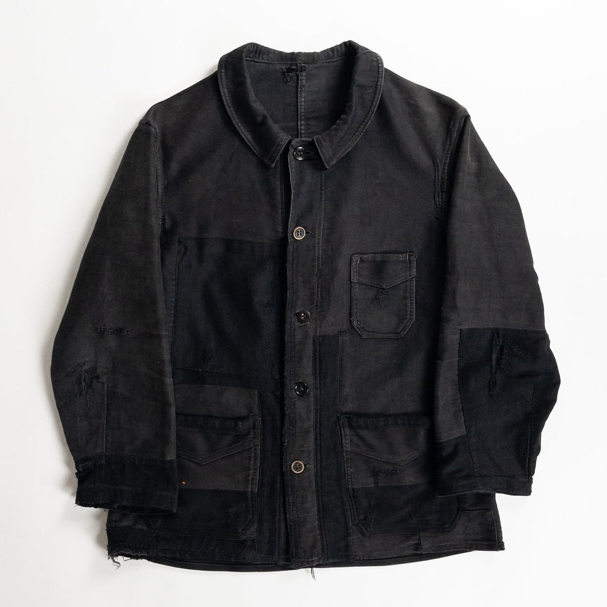 1930s "Le Mont Rouge" Faded Patchwork Black Moleskin Work Jacket with V Pockets