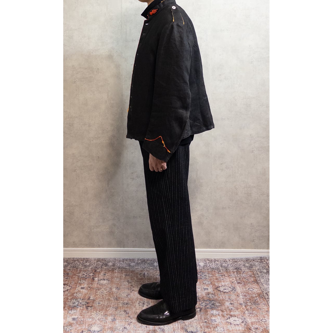 1900s Special "French Antique" Black Herringbone Linen Fireman Jacket, Big Size