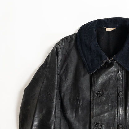 1940s "Le Corbusier" French Black Leather Double Breasted Jacket with Wool Collar