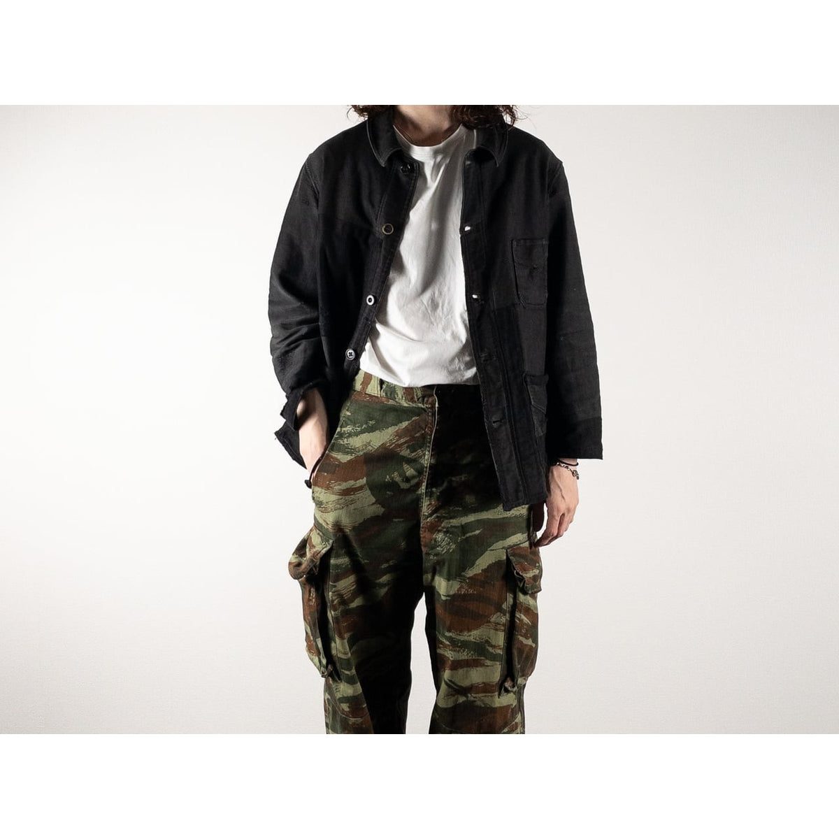1930s "Le Mont Rouge" Faded Patchwork Black Moleskin Work Jacket with V Pockets