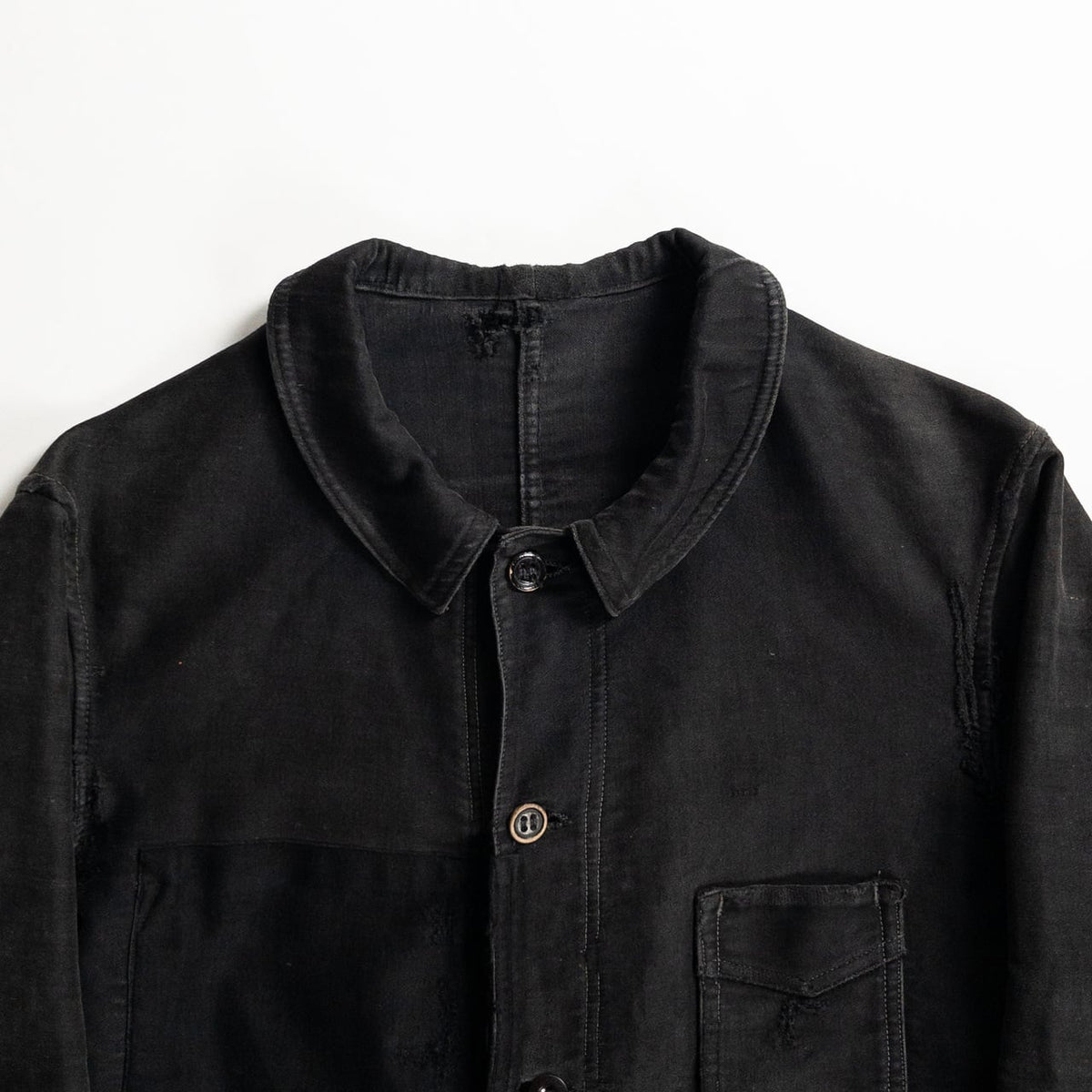 1930s "Le Mont Rouge" Faded Patchwork Black Moleskin Work Jacket with V Pockets