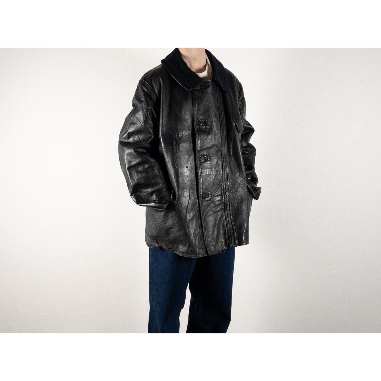 1940s "Le Corbusier" French Black Leather Double Breasted Jacket with Wool Collar