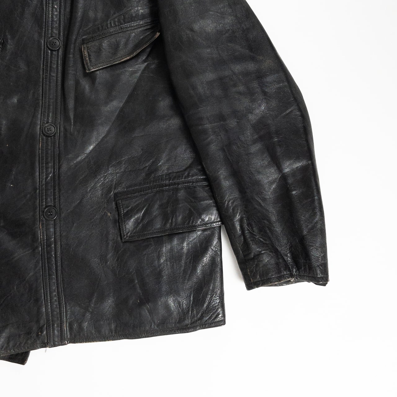 1940s "Le Corbusier" French Black Leather Double Breasted Jacket with Wool Collar
