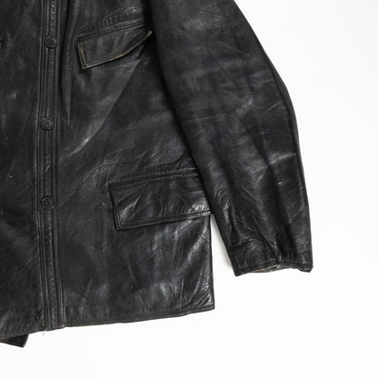 1940s "Le Corbusier" French Black Leather Double Breasted Jacket with Wool Collar