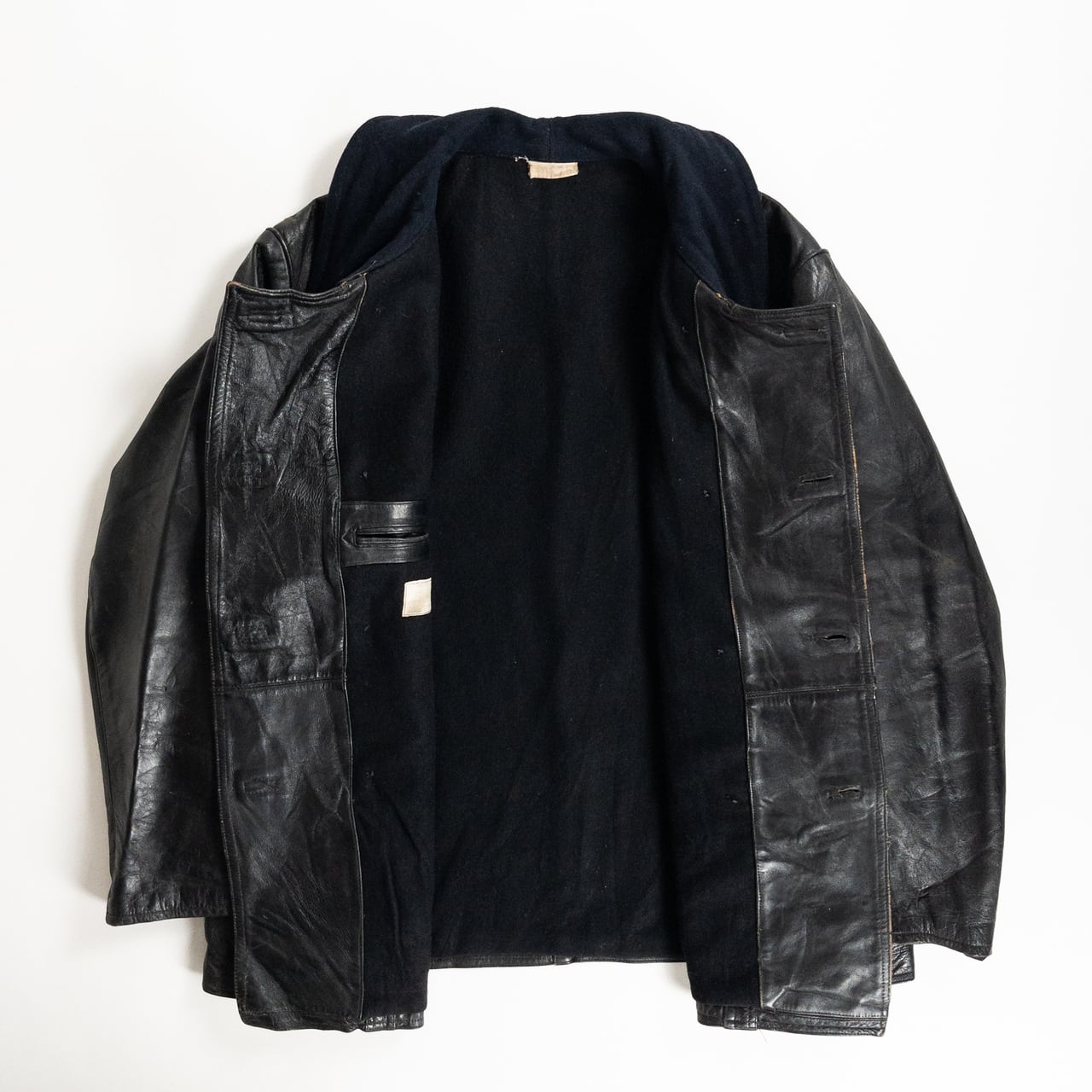 1940s "Le Corbusier" French Black Leather Double Breasted Jacket with Wool Collar
